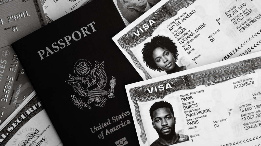 Black-and-white photo of a U.S. passport surrounded by two U.S. visa documents, credit cards, a Social Security card, and U.S. currency.